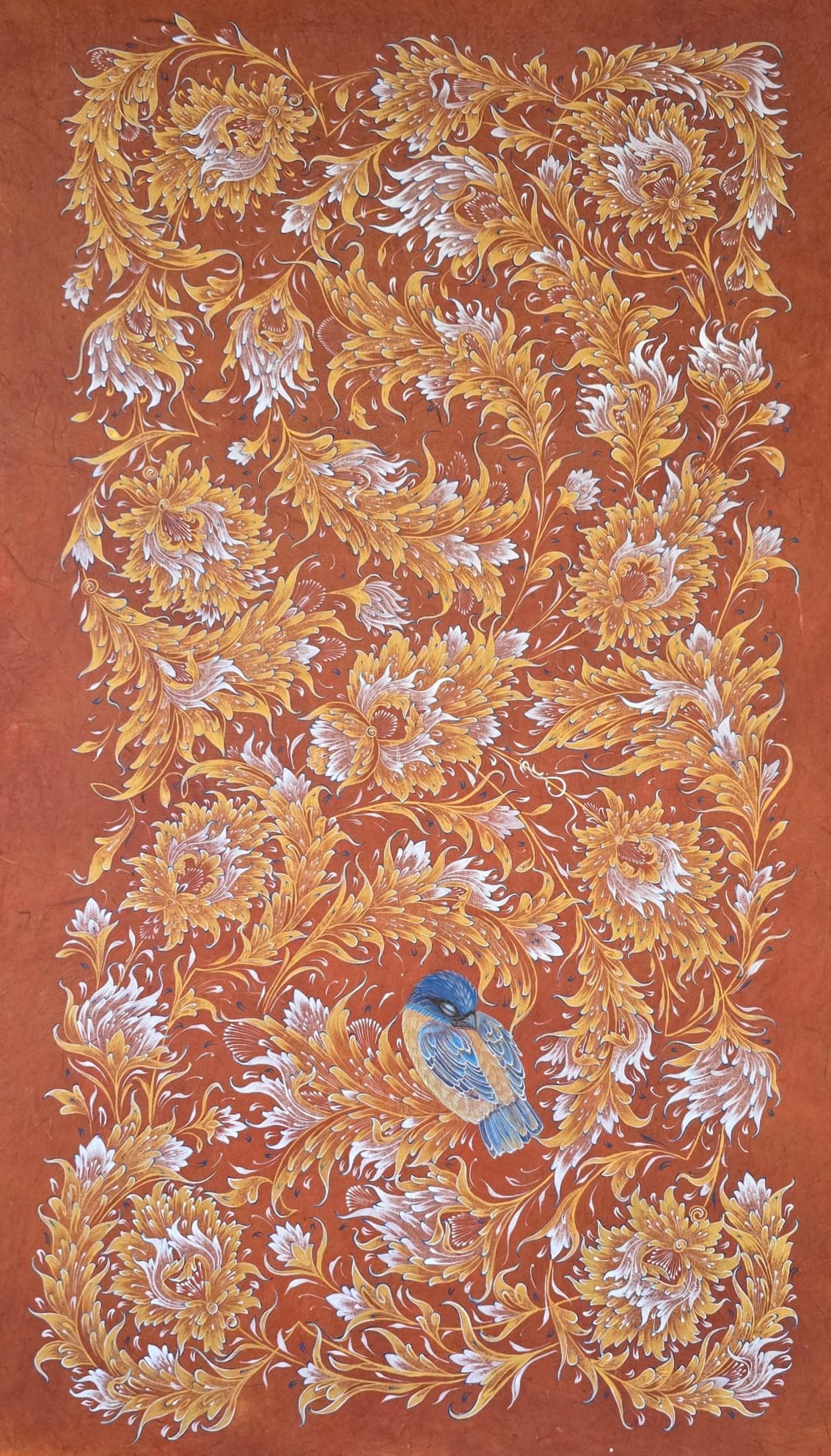 A Nest for the Unreturned, 2026, natural pigment and gold on terracotta-dyed handmade paper, 70 × 40 cm, Nilpar Gallery
