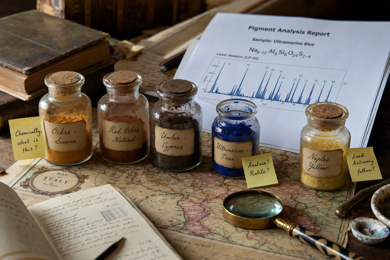 A tabletop scene showing five glass jars of powdered pigments—Ochre Sienna, Red Ochre Natural, Umber Cyprus, Ultramarine True, and Naples Yellow—arranged beside a pigment analysis report for Ultramarine Blue. The setup includes handwritten notes, a magnifying glass, an old map of Italy, and open notebooks, evoking the atmosphere of an artist’s laboratory or conservation studio.